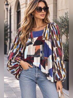E74. Mixed-Print Balloon Sleeve Tunic Top in Blue